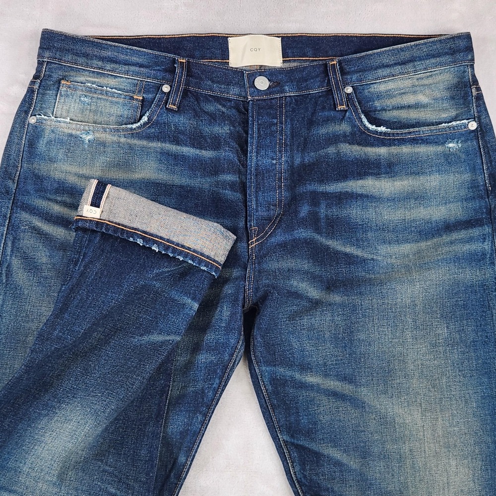 CQY Jeans Mens 38x31 Medium Wash Blue Slim Tapered Selvedge Denim Pants USA